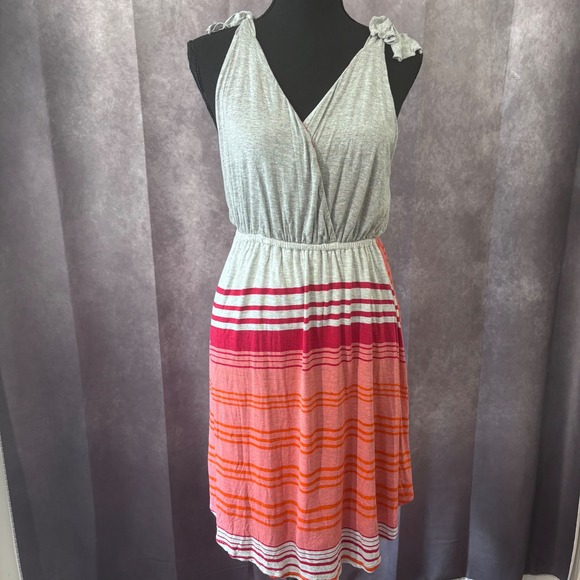 Pink Lotus Dresses & Skirts - Pink Lotus Gray Pink Orange Striped Boho TShirt Dress Shoulder Tie Womens Small